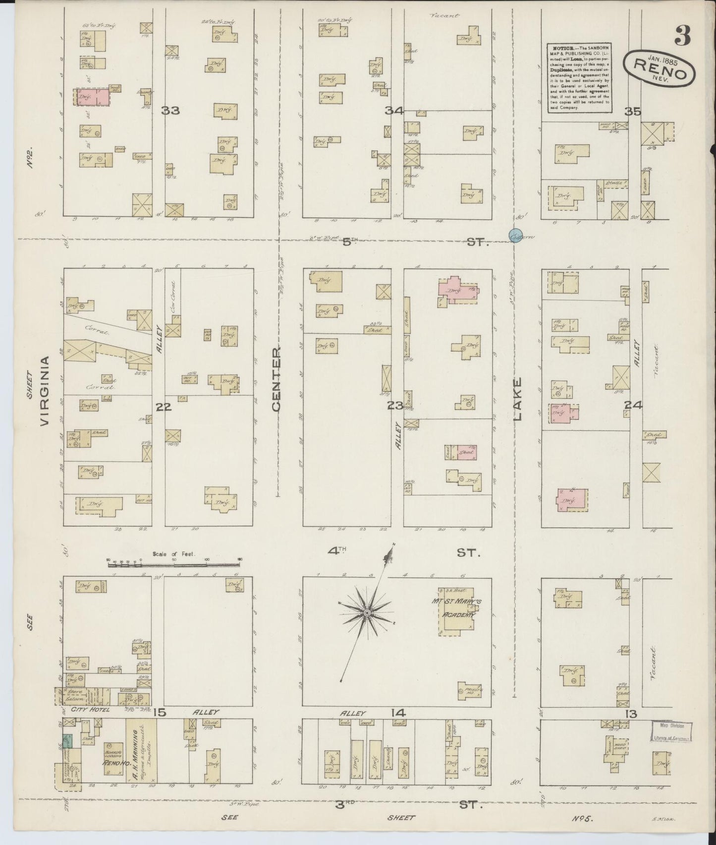 Sanborn Fire Insurance Map from Reno, Washoe County, Nevada (1885), Sheet #0003 - Complete Map Set gallery image, historic Sanborn map, vintage wall art, Nevada Nevada