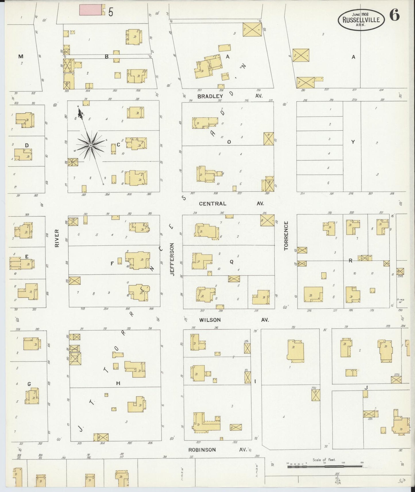 Sanborn Fire Insurance Map from Russellville, Pope County, Arkansas (1908), Sheet #0006 - Complete Map Set gallery image, historic Sanborn map, vintage wall art, Arkansas Arkansas