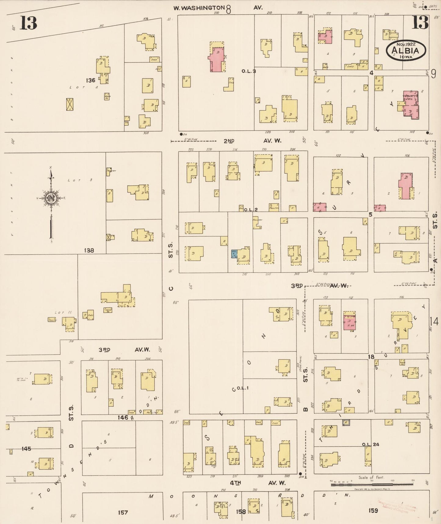 Sanborn Fire Insurance Map from Albia, Monroe County, Iowa (1922), Sheet #0013 - Historic Sanborn Fire Insurance Map Print, vintage old map wall art