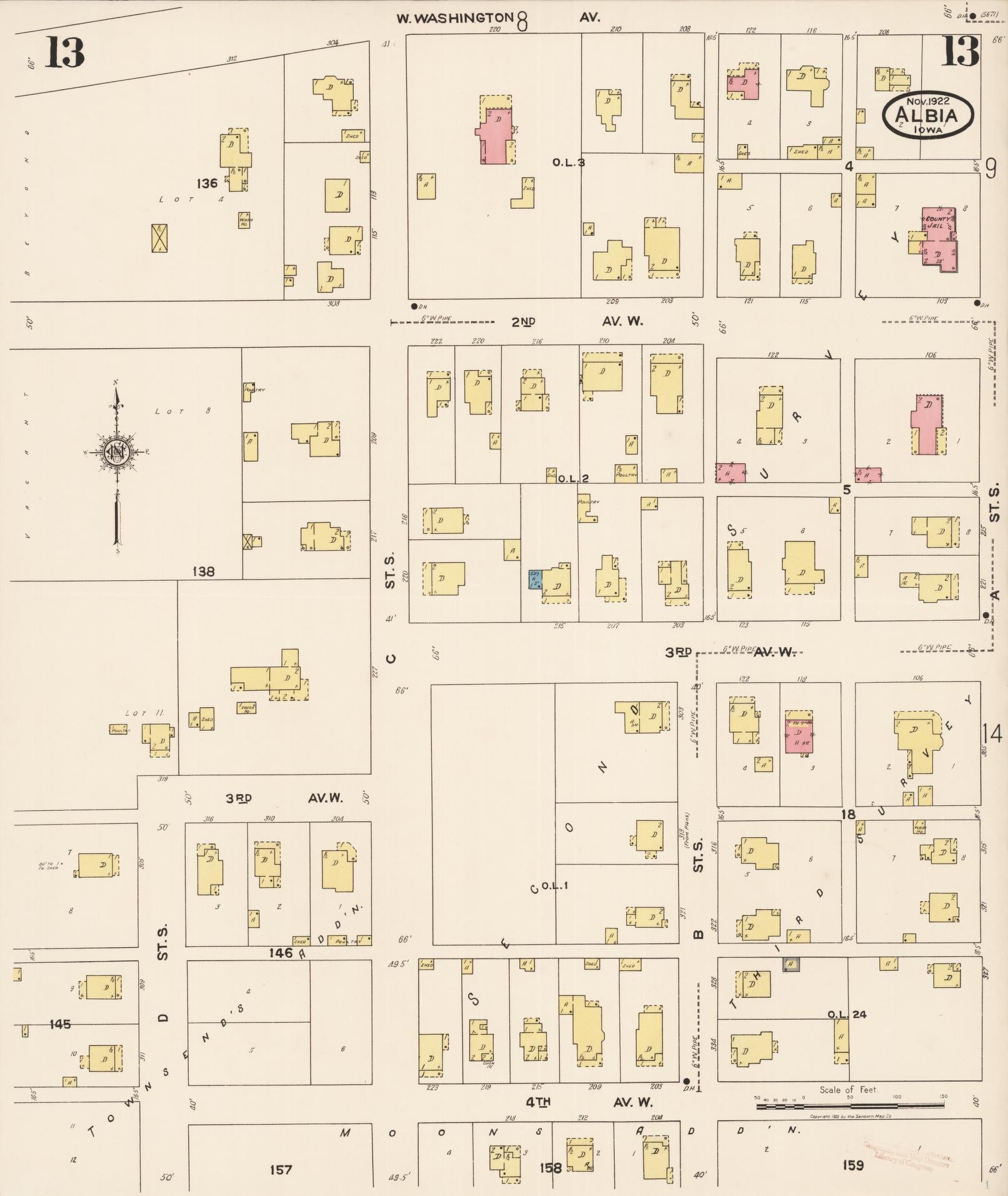 Sanborn Fire Insurance Map from Albia, Monroe County, Iowa (1922), Sheet #0013 - Historic Sanborn Fire Insurance Map Print, vintage old map wall art