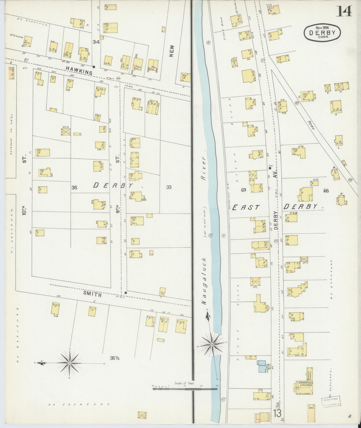 Sanborn Fire Insurance Map from Derby, New Haven County, Connecticut (1896), Sheet #0014 - Complete Map Set gallery image, historic Sanborn map, vintage wall art, Connecticut Connecticut
