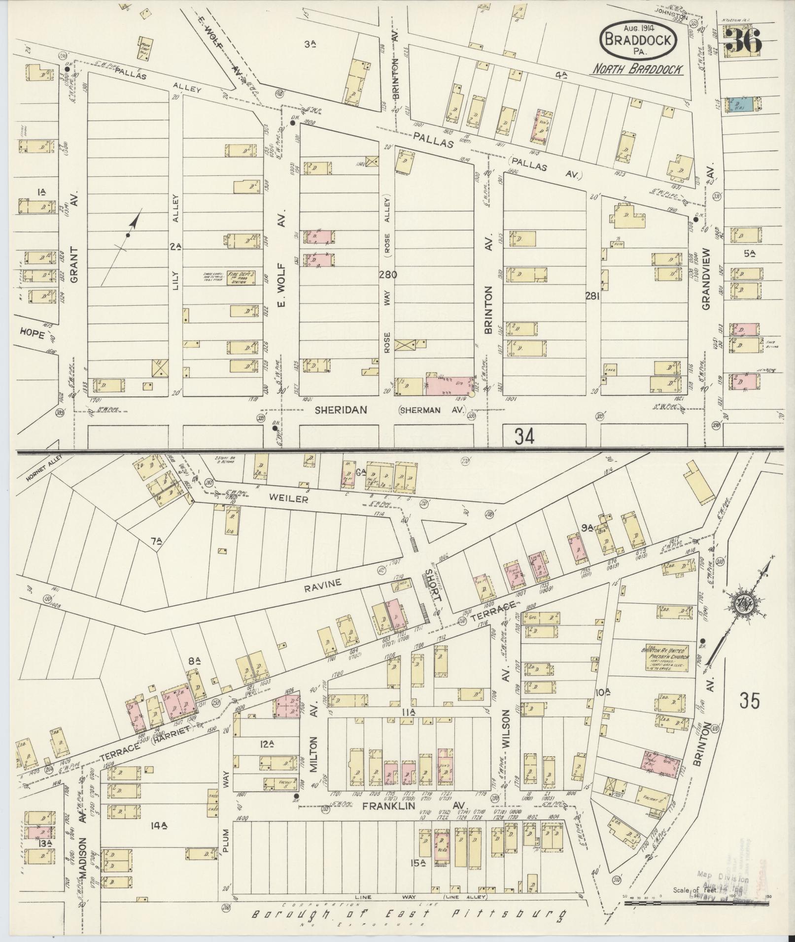 Sanborn Fire Insurance Map from Braddock, Allegheny County, Pennsylvania (1914), Sheet #0036 - Historic Sanborn Fire Insurance Map Print, vintage old map wall art, antique decor, genealogy gift, Pennsylvania Pennsylvania map