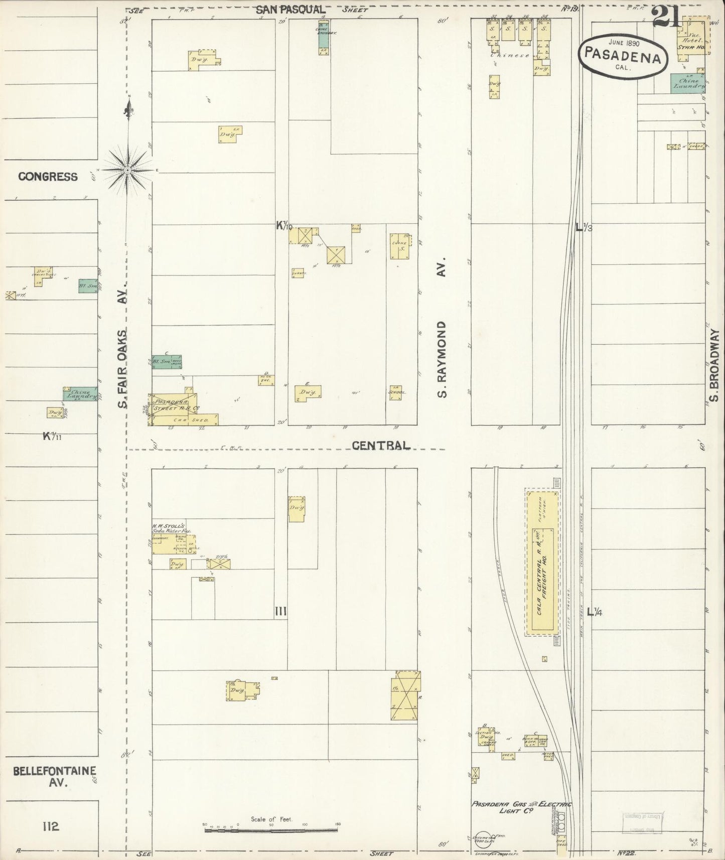 Sanborn Fire Insurance Map from Pasadena, Los Angeles County, California (1890), Sheet #0021 - Complete Map Set gallery image, historic Sanborn map, vintage wall art, California California