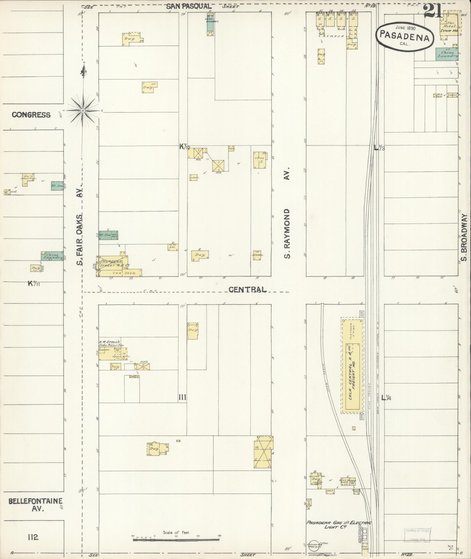 Sanborn Fire Insurance Map from Pasadena, Los Angeles County, California (1890), Sheet #0021 - Complete Map Set gallery image, historic Sanborn map, vintage wall art, California California