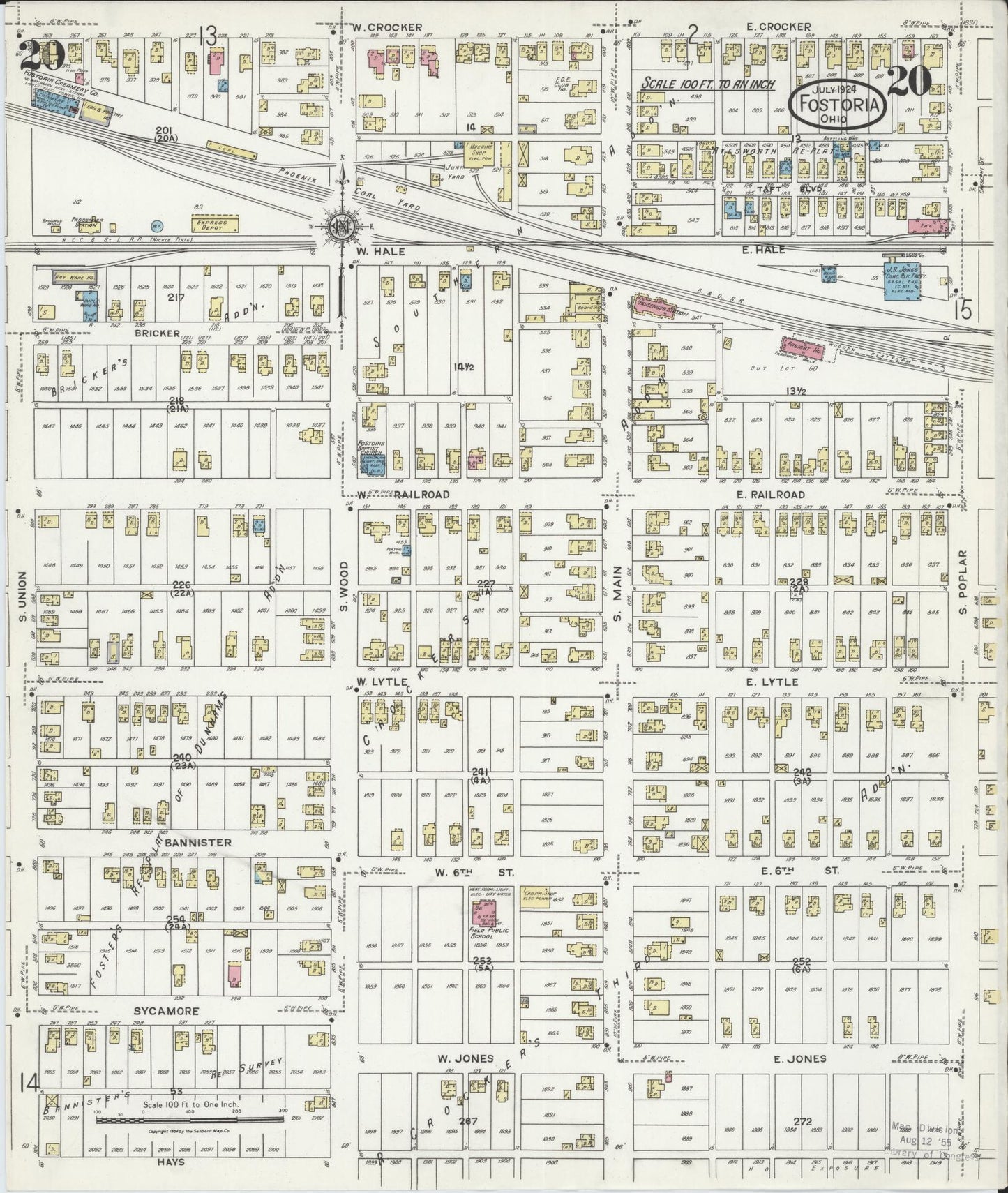 Sanborn Fire Insurance Map from Fostoria, Seneca, Hancock, And Wood Counties, Ohio (1924), Sheet #0020 - Historic Sanborn Fire Insurance Map Print, vintage old map wall art, antique decor, genealogy gift, Ohio Ohio map