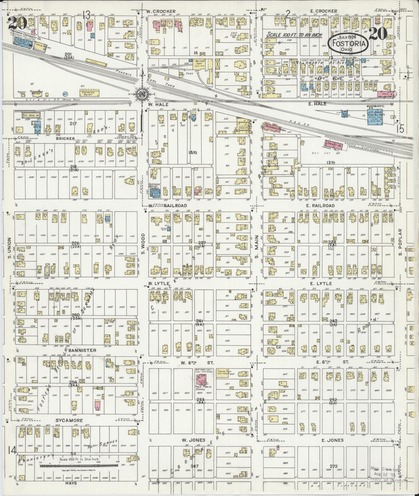 Sanborn Fire Insurance Map from Fostoria, Seneca, Hancock, And Wood Counties, Ohio (1924), Sheet #0020 - Historic Sanborn Fire Insurance Map Print, vintage old map wall art, antique decor, genealogy gift, Ohio Ohio map