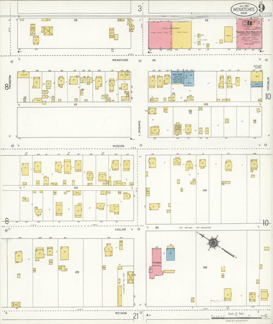 Sanborn Fire Insurance Map from Wenatchee, Chelan County, Washington (1921), Sheet #0009 - Historic Sanborn Fire Insurance Map Print, vintage old map wall art, antique decor, genealogy gift, Washington Washington map