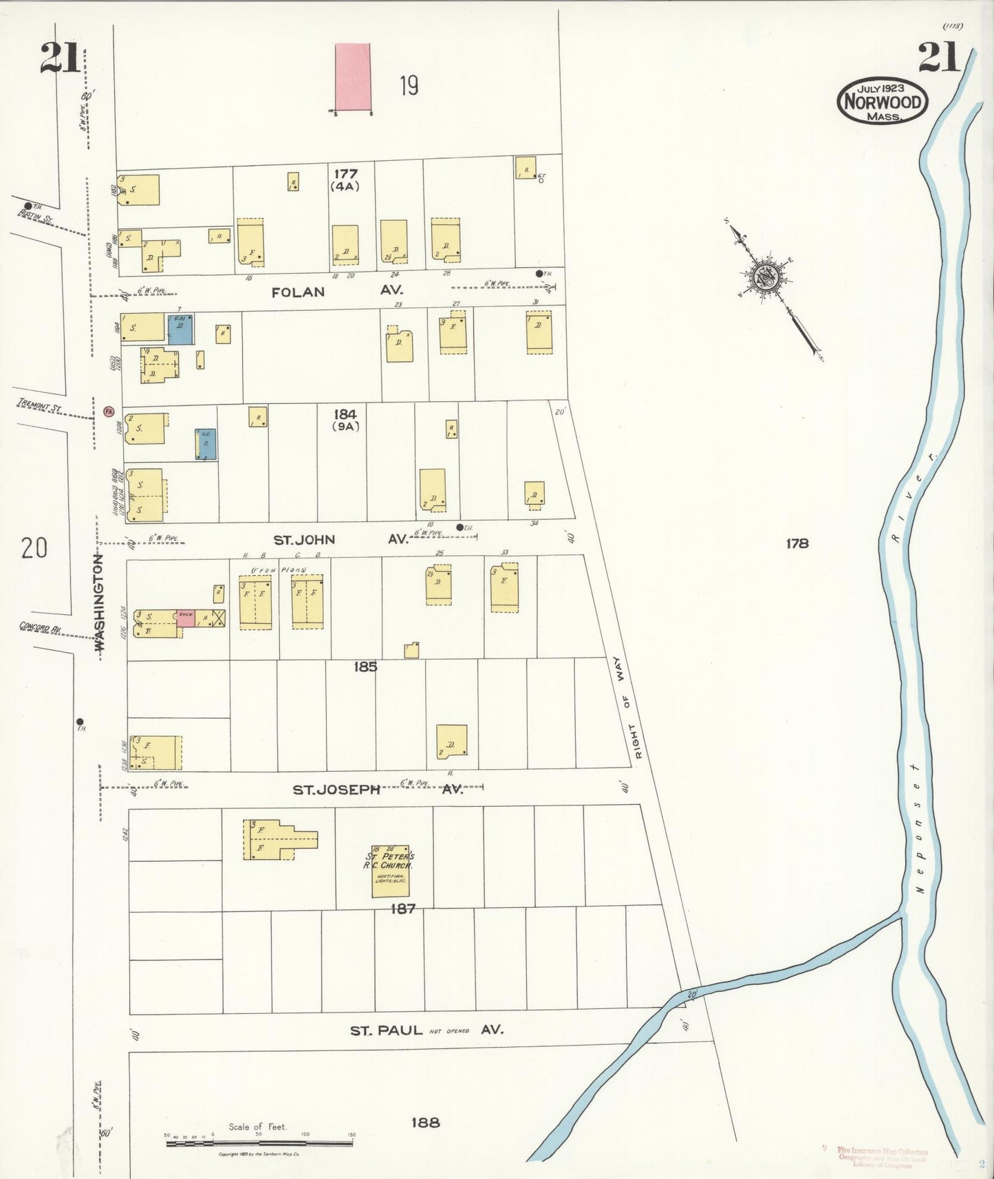 Sanborn Fire Insurance Map from Norwood, Norfolk County, Massachusetts (1923), Sheet #0021 - Complete Map Set gallery image, historic Sanborn map, vintage wall art, Massachusetts Massachusetts