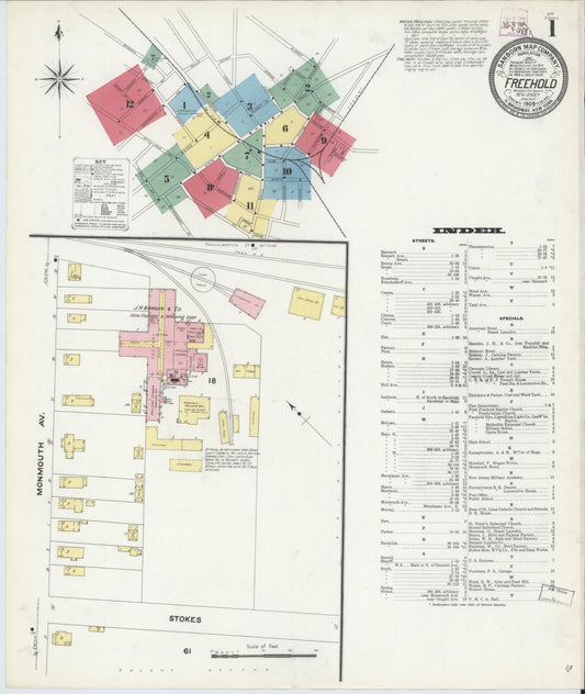 Sanborn Fire Insurance Map from Freehold, Monmouth County, New Jersey (1909), Sheet #0001 - Historic Sanborn Fire Insurance Map Print, vintage old map wall art, antique decor, genealogy gift, New Jersey New Jersey map