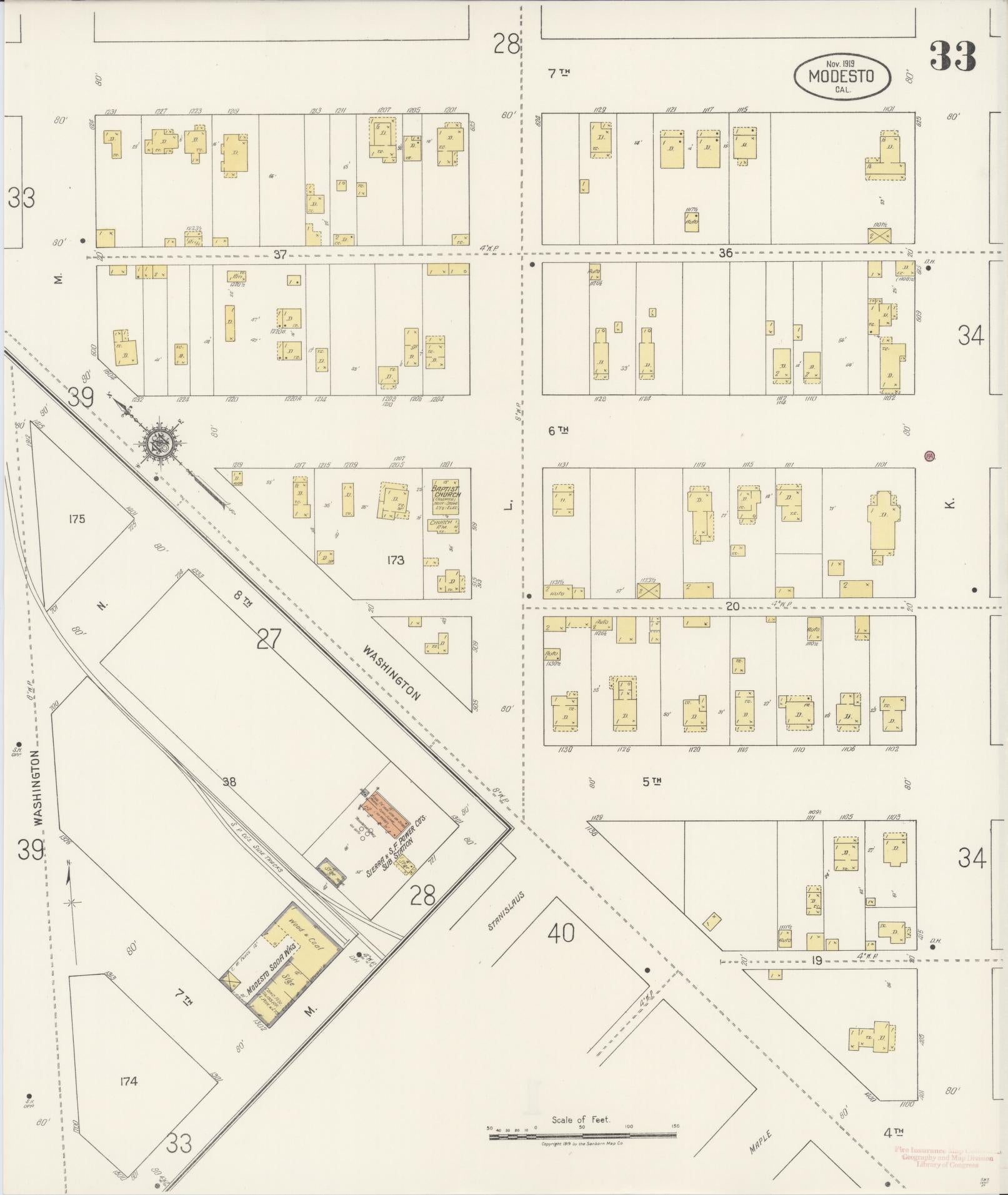 Sanborn Fire Insurance Map from Modesto, Stanislaus County, California (1919), Sheet #0033 - Complete Map Set gallery image, historic Sanborn map, vintage wall art, California California