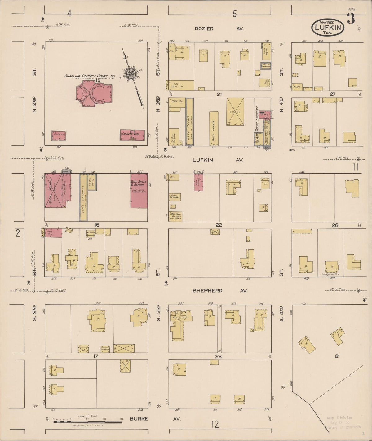 Sanborn Fire Insurance Map from Lufkin, Angelina County, Texas (1922), Sheet #0003 - Complete Map Set gallery image, historic Sanborn map, vintage wall art, Texas Texas