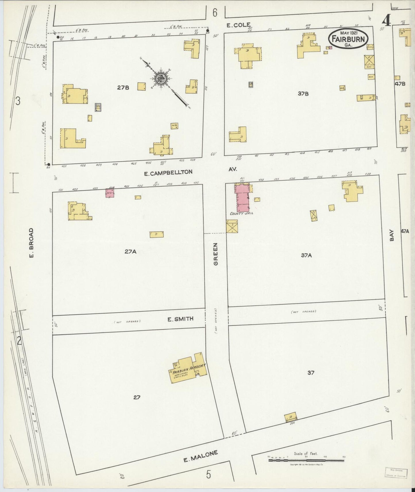 Sanborn Fire Insurance Map from Fairburn, Fulton County, Georgia (1921), Sheet #0004 - Historic Sanborn Fire Insurance Map Print, vintage old map wall art, antique decor, genealogy gift, Georgia Georgia map