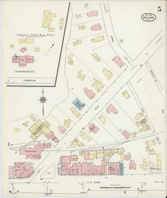 Sanborn Fire Insurance Map from Malone, Franklin County, New York (1914), Sheet #0005 - Historic Sanborn Fire Insurance Map Print, vintage old map wall art, antique decor, genealogy gift, New York New York map