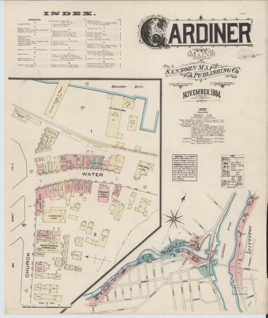 Sanborn Fire Insurance Map from Gardiner, Kennebec County, Maine (1884), Sheet #0001 - Historic Sanborn Fire Insurance Map Print, vintage old map wall art, antique decor, genealogy gift, Maine Maine map