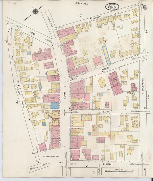 Sanborn Fire Insurance Map from Ware, Hampshire County, Massachusetts (1946), Sheet #0006 - Historic Sanborn Fire Insurance Map Print, vintage old map wall art, antique decor, genealogy gift, Massachusetts Massachusetts map