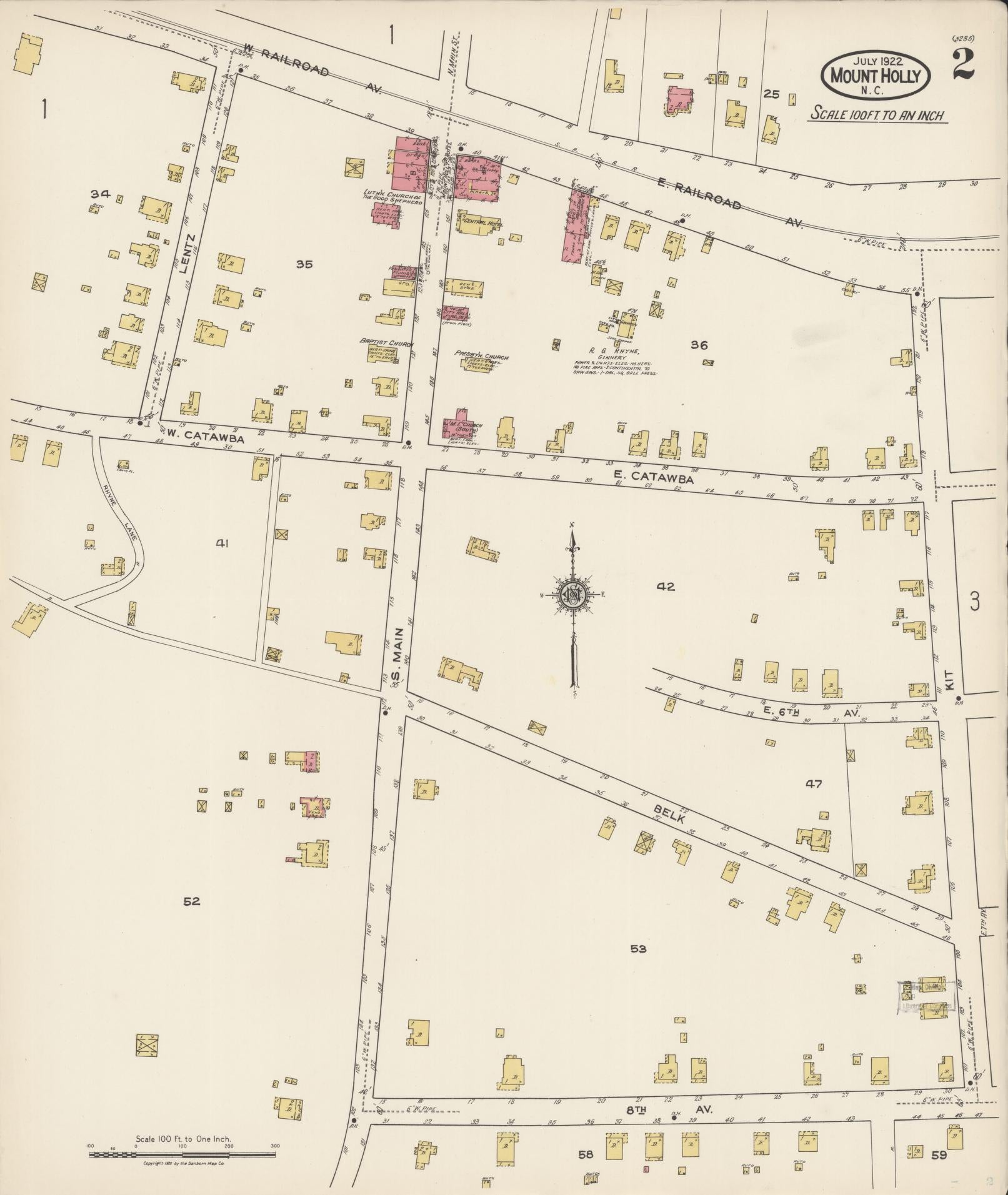 Sanborn Fire Insurance Map from Mount Holly, Gaston County, North Carolina (1922), Sheet #0002 - Historic Sanborn Fire Insurance Map Print, vintage old map wall art, antique decor, genealogy gift, North Carolina North Carolina map