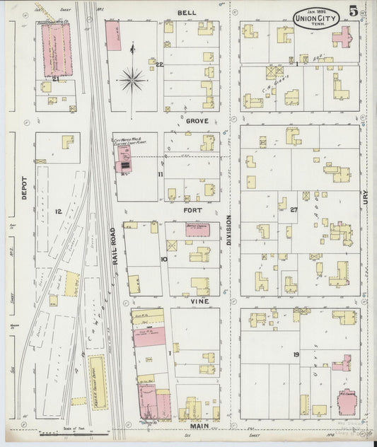 Sanborn Fire Insurance Map from Union City, Obion County, Tennessee (1892), Sheet #0005 - Historic Sanborn Fire Insurance Map Print, vintage old map wall art, antique decor, genealogy gift, Tennessee Tennessee map