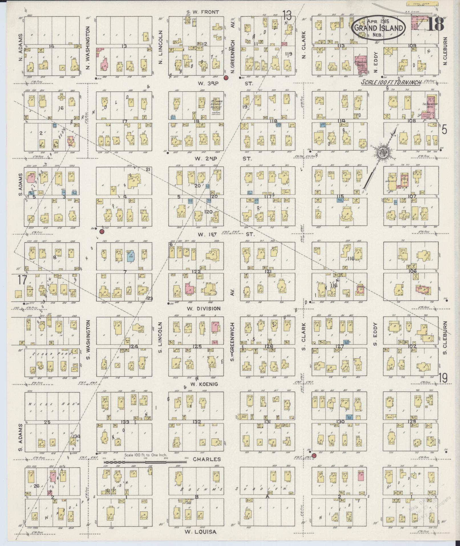 Sanborn Fire Insurance Map from Grand Island, Hall County, Nebraska (1915), Sheet #0018 - Historic Sanborn Fire Insurance Map Print, vintage old map wall art, antique decor, genealogy gift, Nebraska Nebraska map