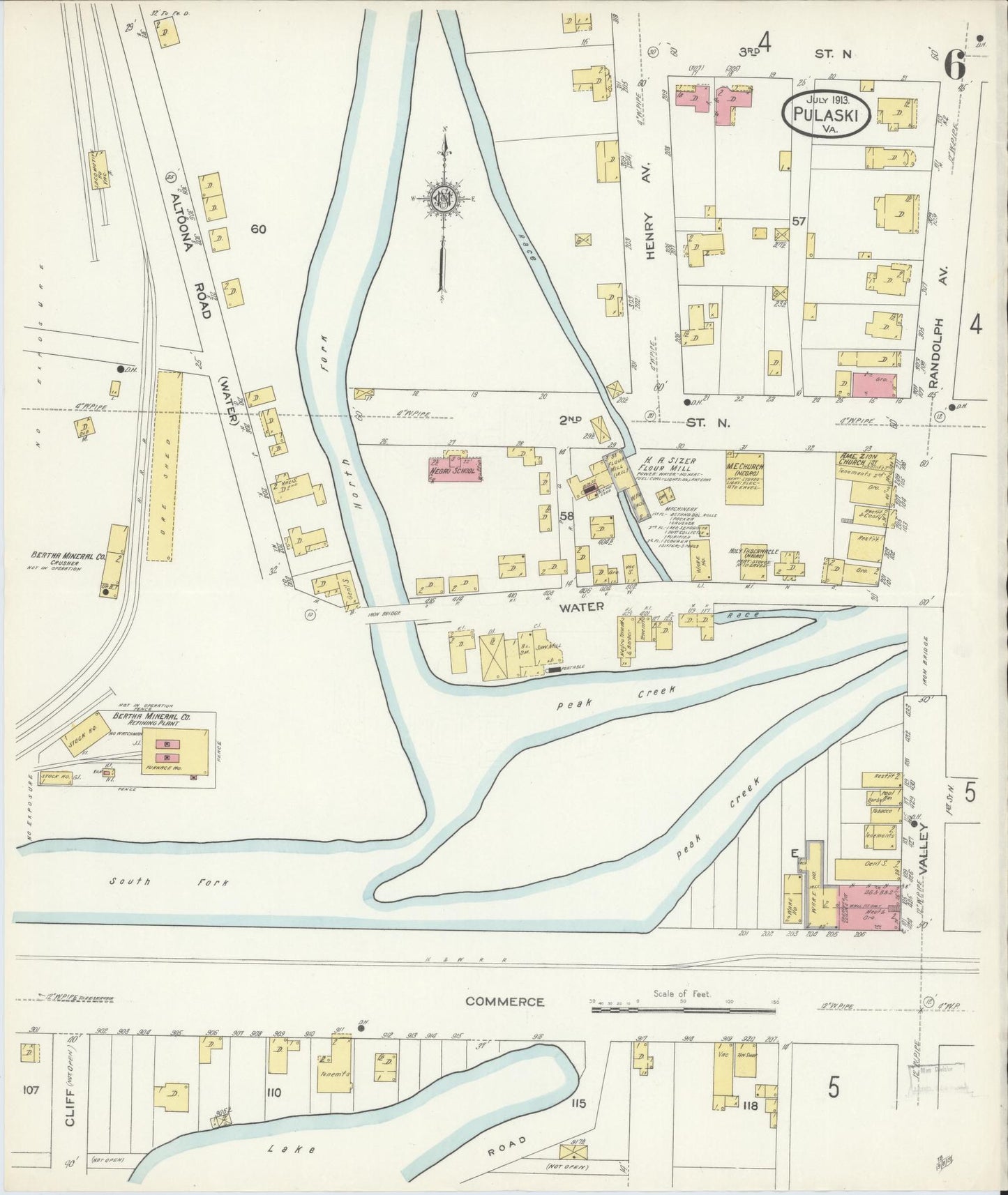 Sanborn Fire Insurance Map from Pulaski, Pulaski County, Virginia (1913), Sheet #0006 - Complete Map Set gallery image, historic Sanborn map, vintage wall art, Virginia Virginia