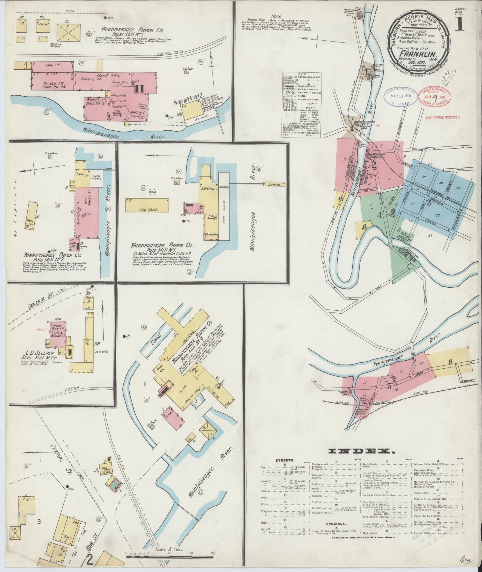 Sanborn Fire Insurance Map from Franklin, Merrimack County, New Hampshire (1897), Sheet #0001 - Historic Sanborn Fire Insurance Map Print, vintage old map wall art, antique decor, genealogy gift, New Hampshire New Hampshire map