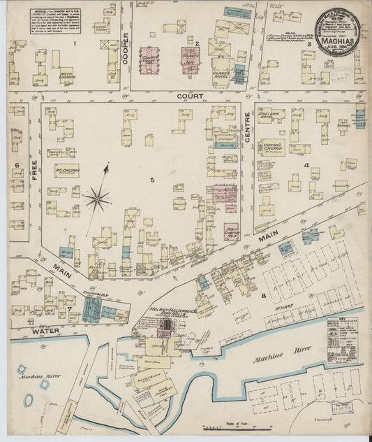 Sanborn Fire Insurance Map from Machias, Washington County, Maine (1884), Sheet #0001 - Historic Sanborn Fire Insurance Map Print, vintage old map wall art, antique decor, genealogy gift, Maine Maine map