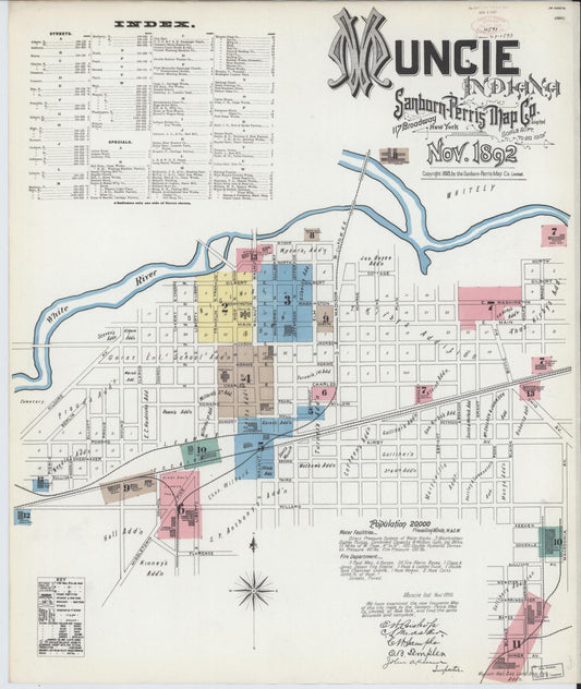 Sanborn Fire Insurance Map from Muncie, Delaware County, Indiana (1892), Sheet #0001 - Complete Map Set gallery image, historic Sanborn map, vintage wall art, Muncie Delaware