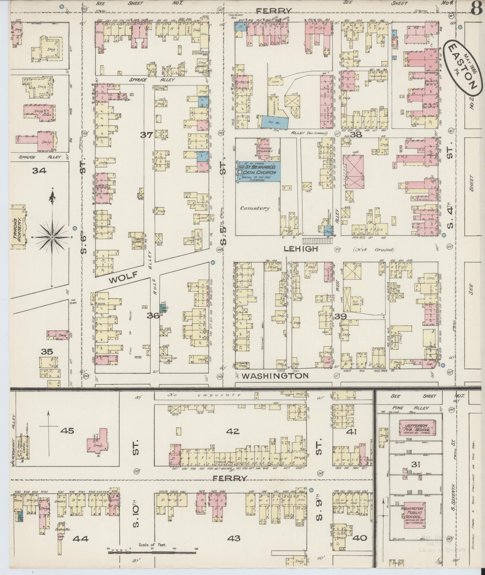 Sanborn Fire Insurance Map from Easton, Northampton County, Pennsylvania (1885), Sheet #0008 - Historic Sanborn Fire Insurance Map Print, vintage old map wall art, antique decor, genealogy gift, Pennsylvania Pennsylvania map