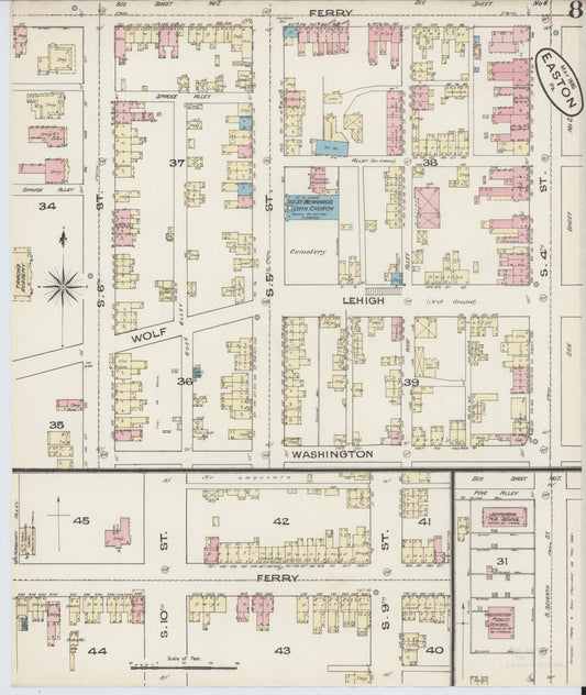 Sanborn Fire Insurance Map from Easton, Northampton County, Pennsylvania (1885), Sheet #0008 - Historic Sanborn Fire Insurance Map Print, vintage old map wall art, antique decor, genealogy gift, Pennsylvania Pennsylvania map