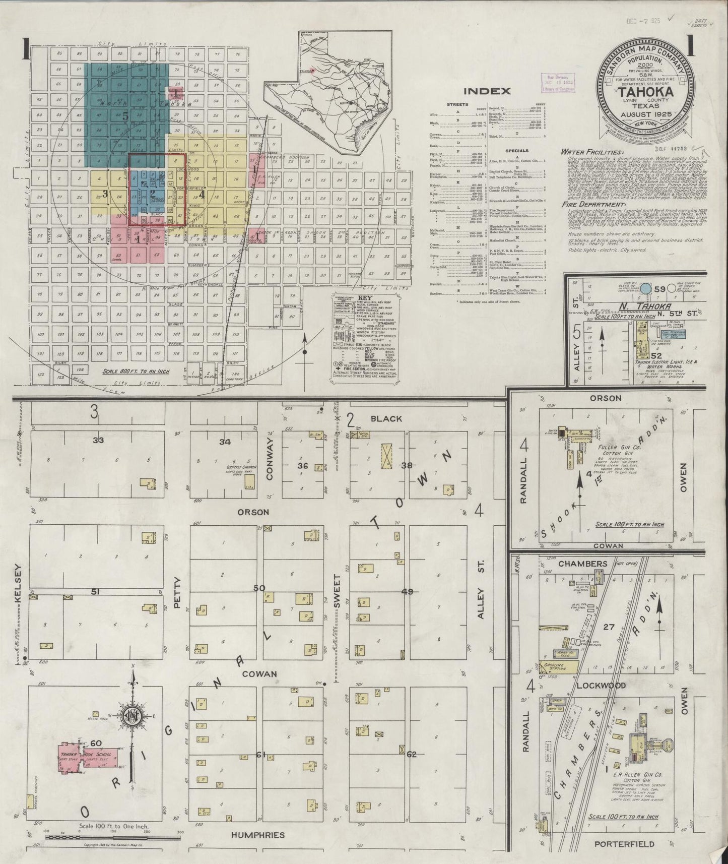 Sanborn Fire Insurance Map from Tahoka, Lynn County, Texas (1925), Sheet #0001 - Historic Sanborn Fire Insurance Map Print, vintage old map wall art, antique decor, genealogy gift, Texas Texas map