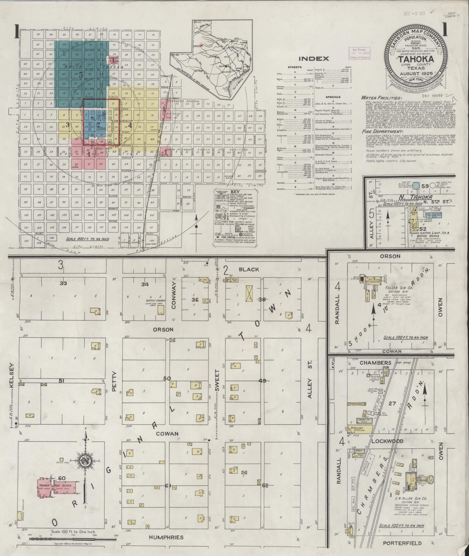 Sanborn Fire Insurance Map from Tahoka, Lynn County, Texas (1925), Sheet #0001 - Historic Sanborn Fire Insurance Map Print, vintage old map wall art, antique decor, genealogy gift, Texas Texas map