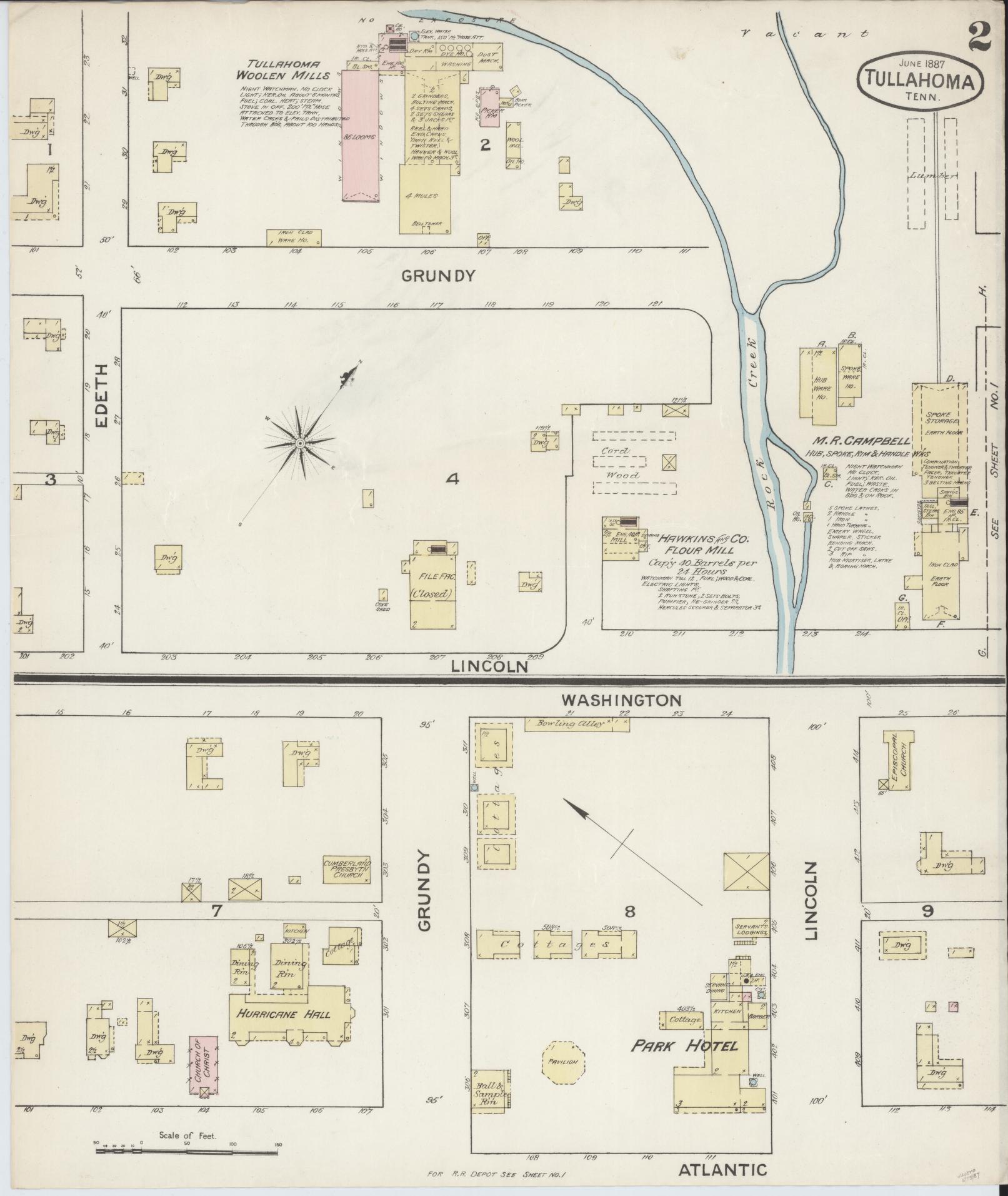 Sanborn Fire Insurance Map from Tullahoma, Coffee County, Tennessee (1887), Sheet #0002 - Complete Map Set gallery image, historic Sanborn map, vintage wall art, Tennessee Tennessee