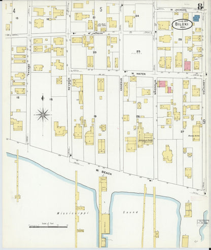 Sanborn Fire Insurance Map from Biloxi, Harrison County, Mississippi (1909), Sheet #0008 - Complete Map Set gallery image, historic Sanborn map, vintage wall art, Mississippi Mississippi