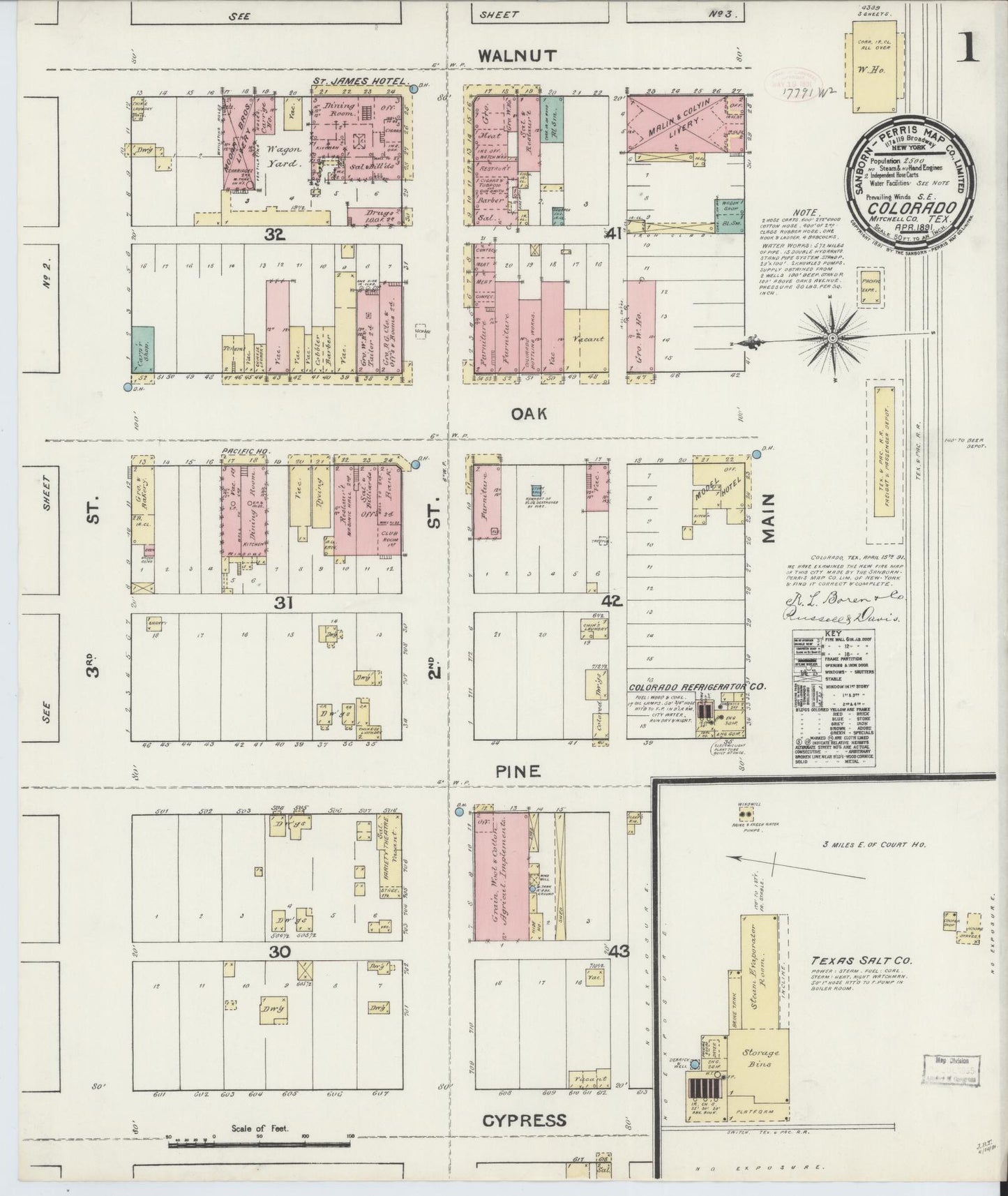 Sanborn Fire Insurance Map from Colorado, Mitchell County, Texas (1891), Sheet #0001 - Complete Map Set gallery image, historic Sanborn map, vintage wall art, Colorado Colorado
