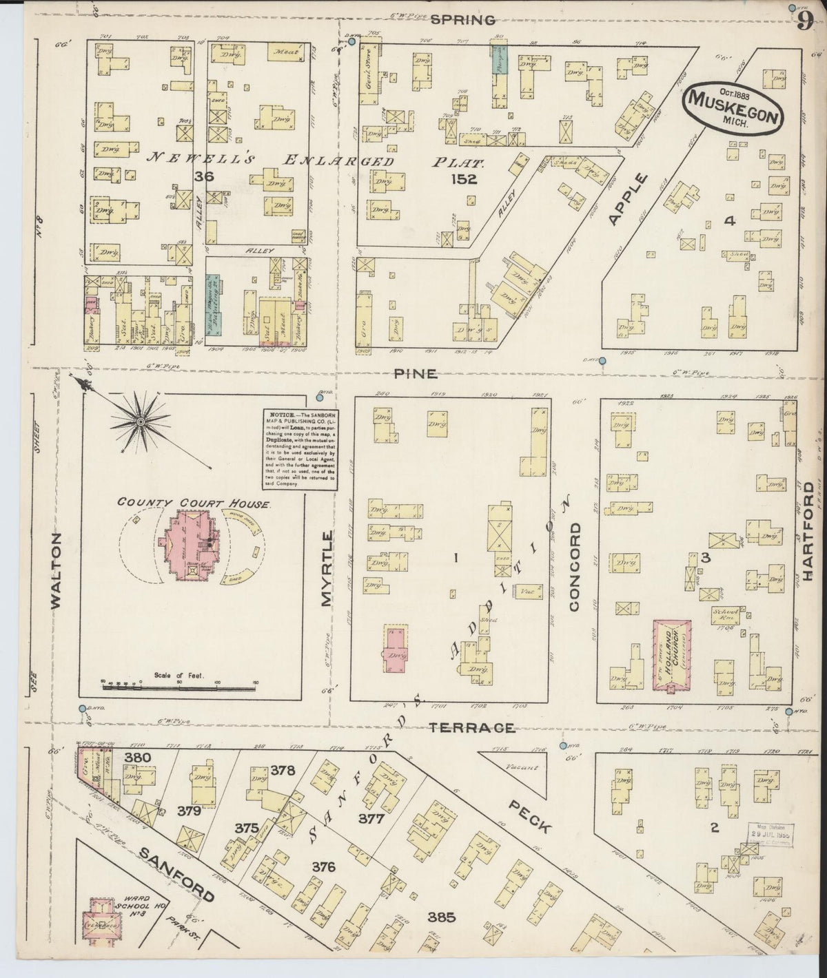 Sanborn Fire Insurance Map from Muskegon, Muskegon County, Michigan (1883), Sheet #0009 - Historic Sanborn Fire Insurance Map Print, vintage old map wall art, antique decor, genealogy gift, Michigan Michigan map