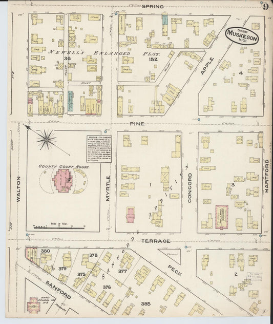 Sanborn Fire Insurance Map from Muskegon, Muskegon County, Michigan (1883), Sheet #0009 - Historic Sanborn Fire Insurance Map Print, vintage old map wall art, antique decor, genealogy gift, Michigan Michigan map