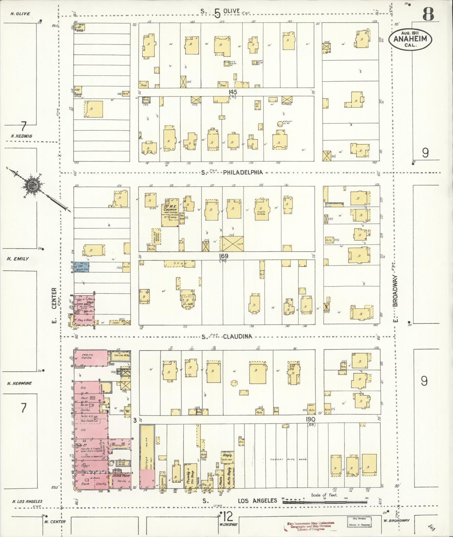 Sanborn Fire Insurance Map from Anaheim, Orange County, California (1911), Sheet #0008 - Historic Sanborn Fire Insurance Map Print, vintage old map wall art, antique decor, genealogy gift, California California map