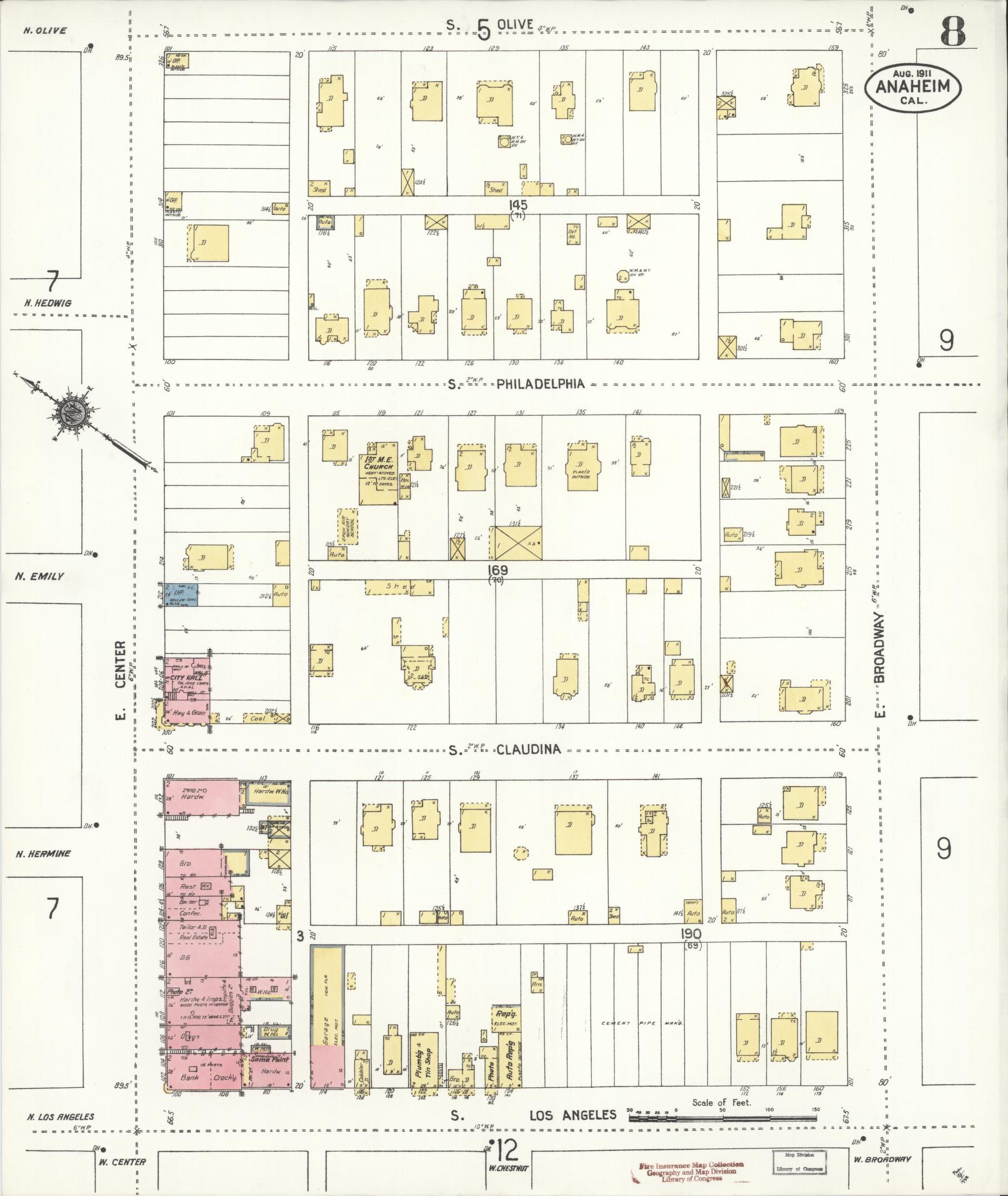 Sanborn Fire Insurance Map from Anaheim, Orange County, California (1911), Sheet #0008 - Historic Sanborn Fire Insurance Map Print, vintage old map wall art, antique decor, genealogy gift, California California map
