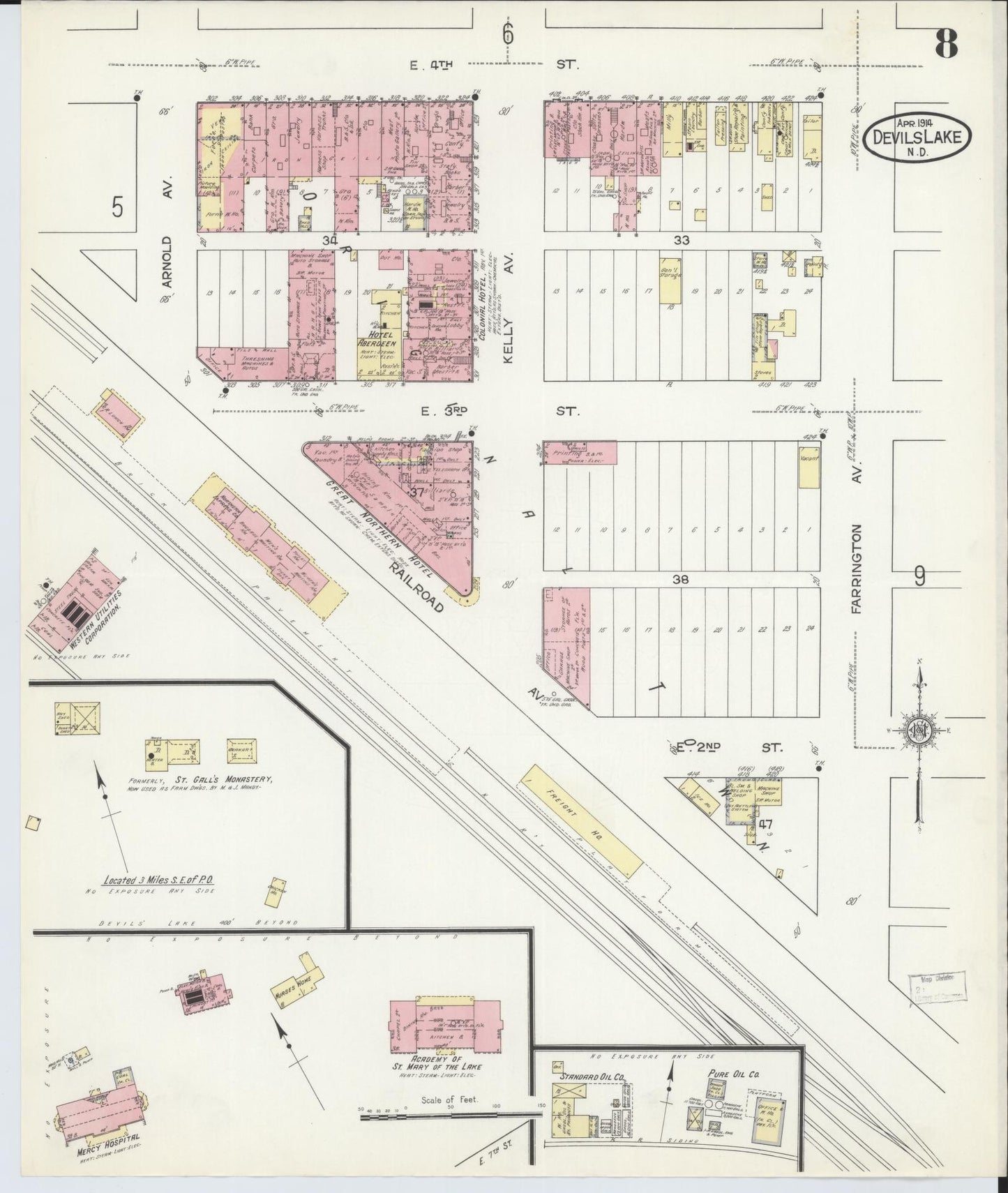 Sanborn Fire Insurance Map from Devils Lake, Ramsey County, North Dakota (1914), Sheet #0008 - Historic Sanborn Fire Insurance Map Print, vintage old map wall art, antique decor, genealogy gift, North Dakota North Dakota map