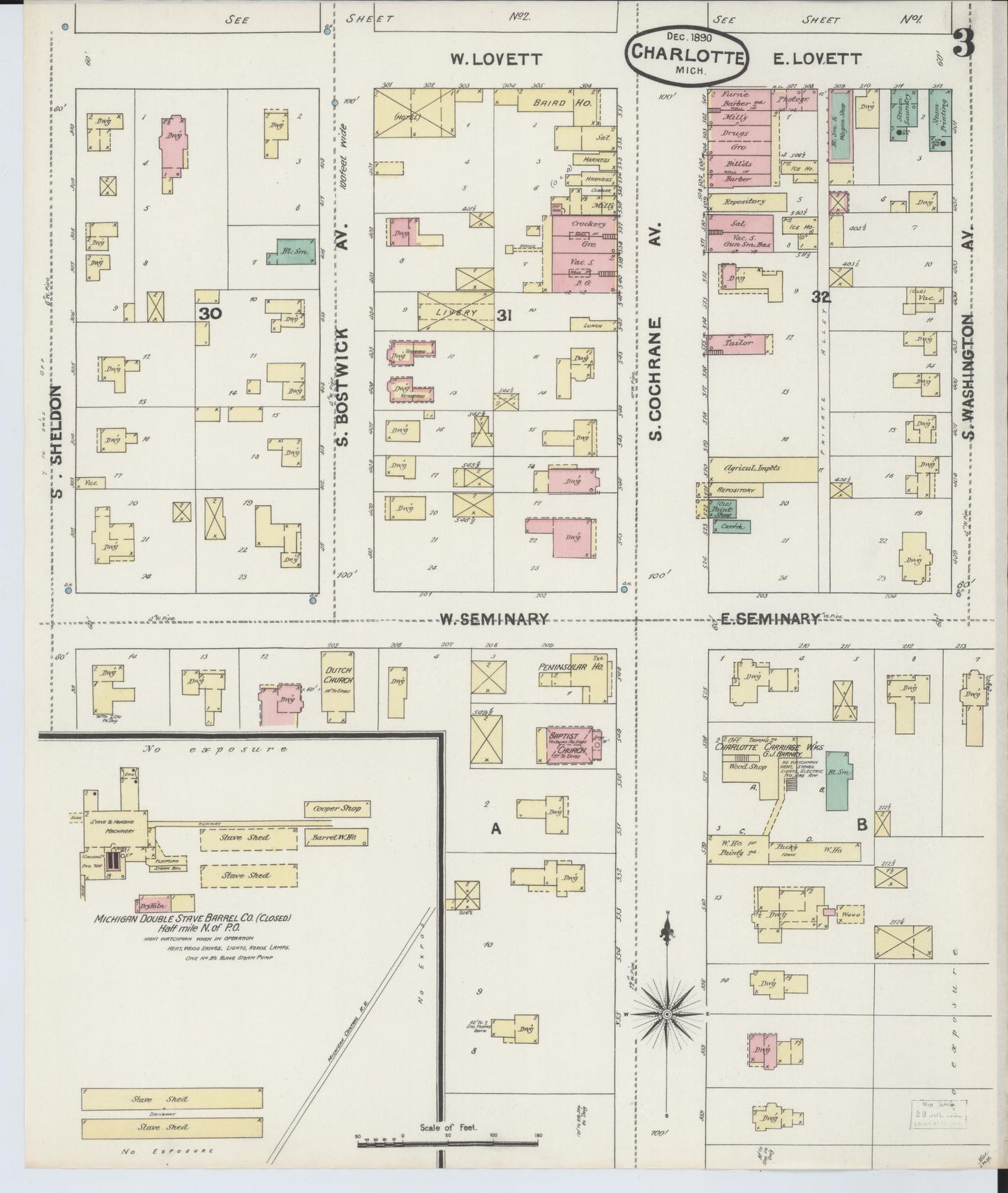 Sanborn Fire Insurance Map from Charlotte, Eaton County, Michigan (1890), Sheet #0003 - Complete Map Set gallery image, historic Sanborn map, vintage wall art, Michigan Michigan