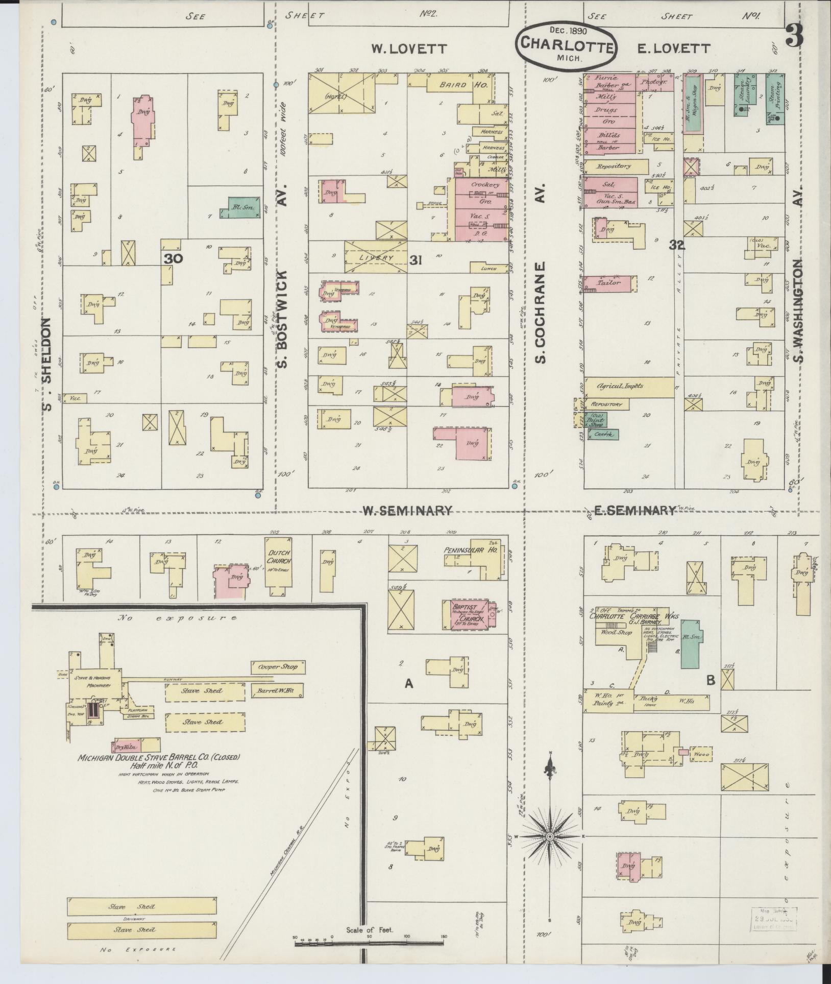 Sanborn Fire Insurance Map from Charlotte, Eaton County, Michigan (1890), Sheet #0003 - Complete Map Set gallery image, historic Sanborn map, vintage wall art, Michigan Michigan
