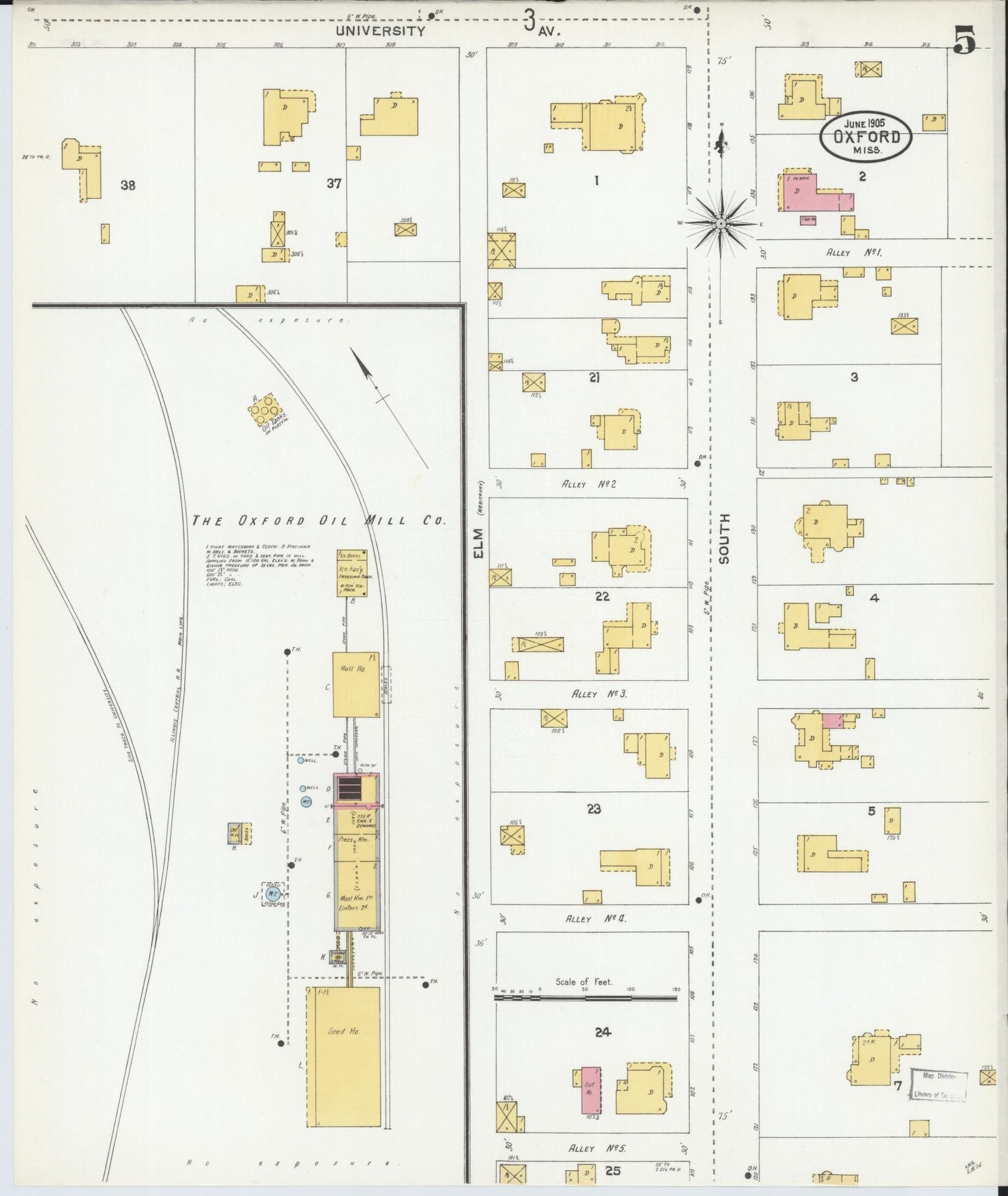 Sanborn Fire Insurance Map from Oxford, Lafayette County, Mississippi (1905), Sheet #0005 - Complete Map Set gallery image, historic Sanborn map, vintage wall art, Mississippi Mississippi