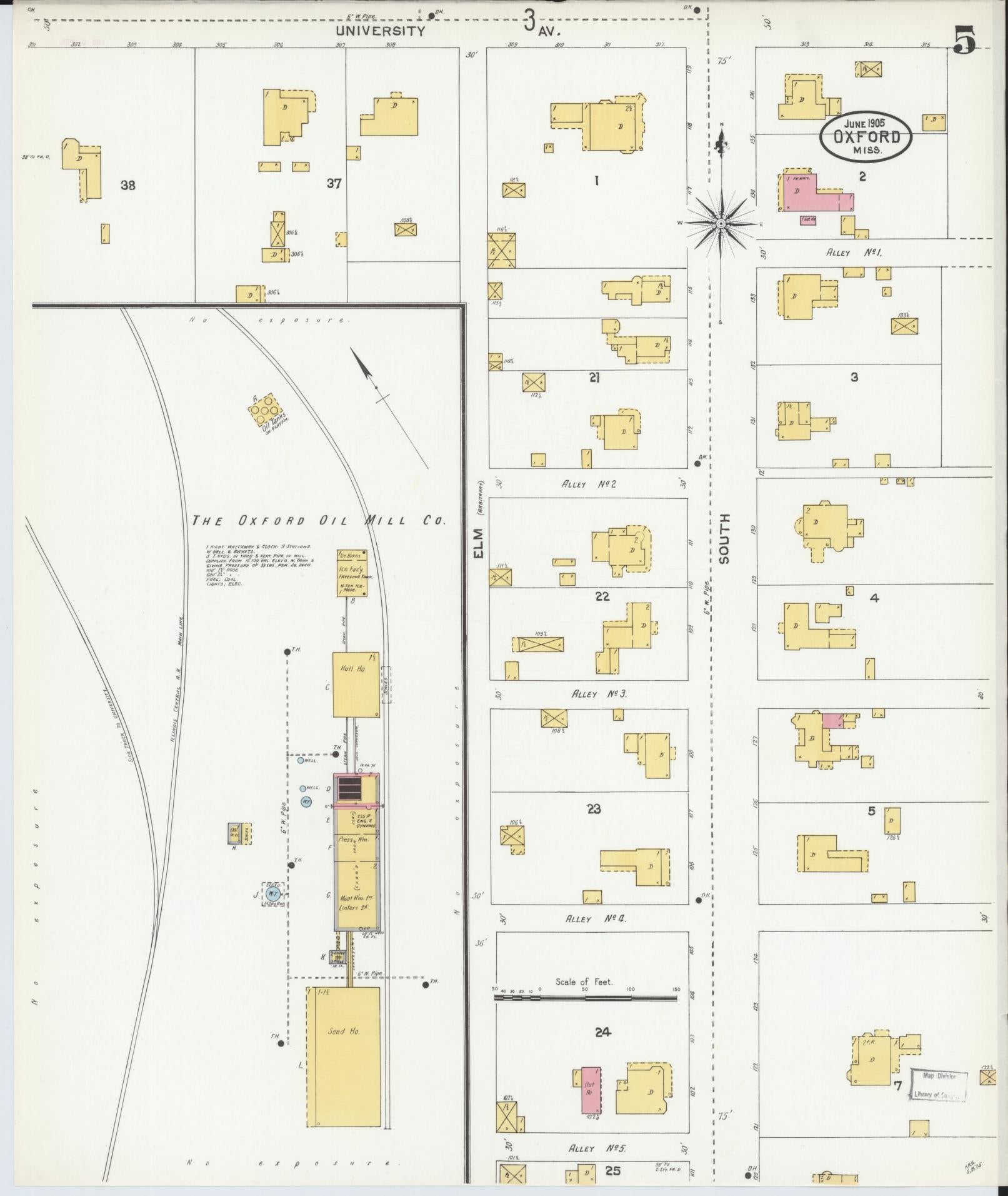 Sanborn Fire Insurance Map from Oxford, Lafayette County, Mississippi (1905), Sheet #0005 - Complete Map Set gallery image, historic Sanborn map, vintage wall art, Mississippi Mississippi