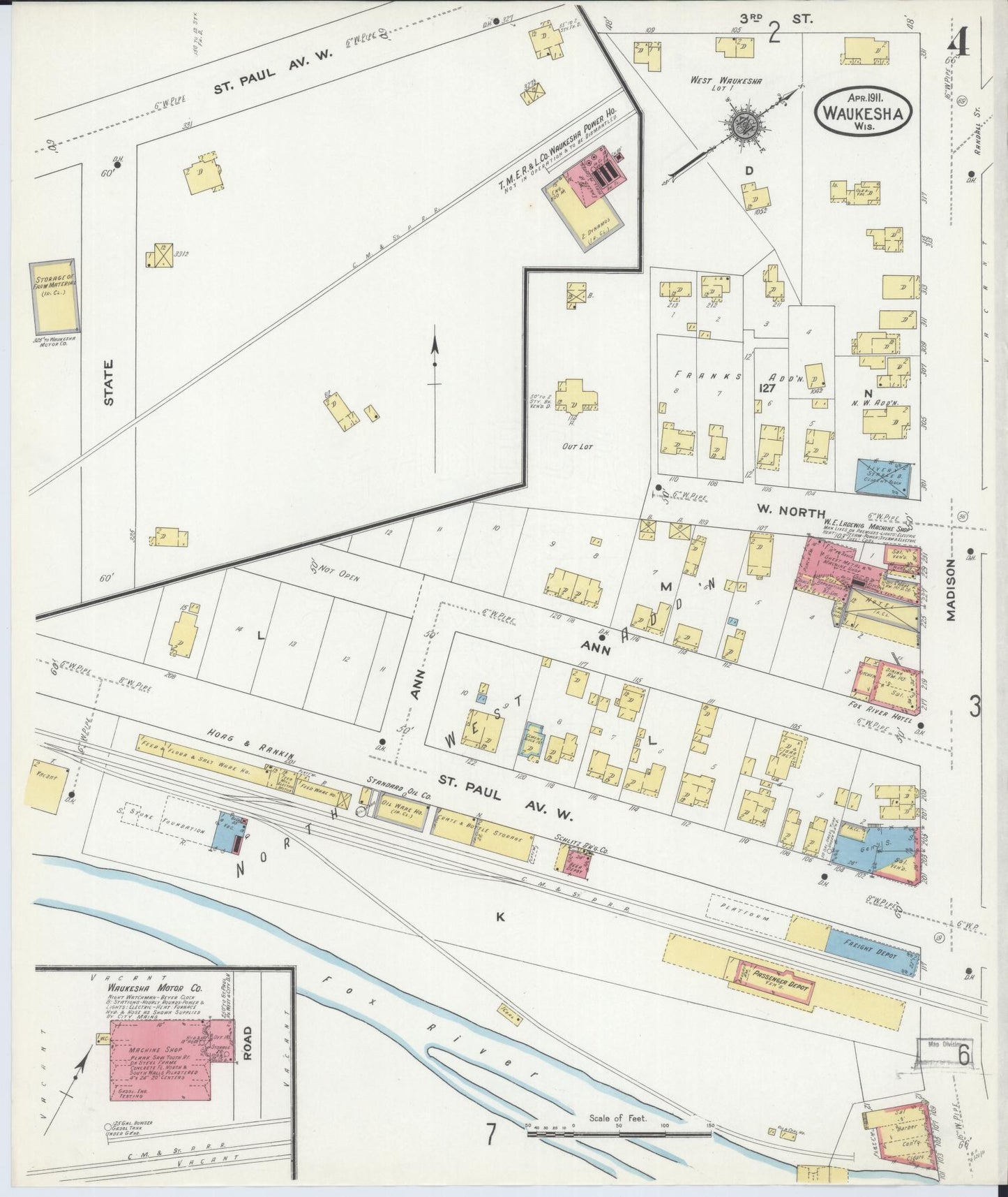 Sanborn Fire Insurance Map from Waukesha, Waukesha County, Wisconsin (1911), Sheet #0004 - Complete Map Set gallery image, historic Sanborn map, vintage wall art, Wisconsin Wisconsin