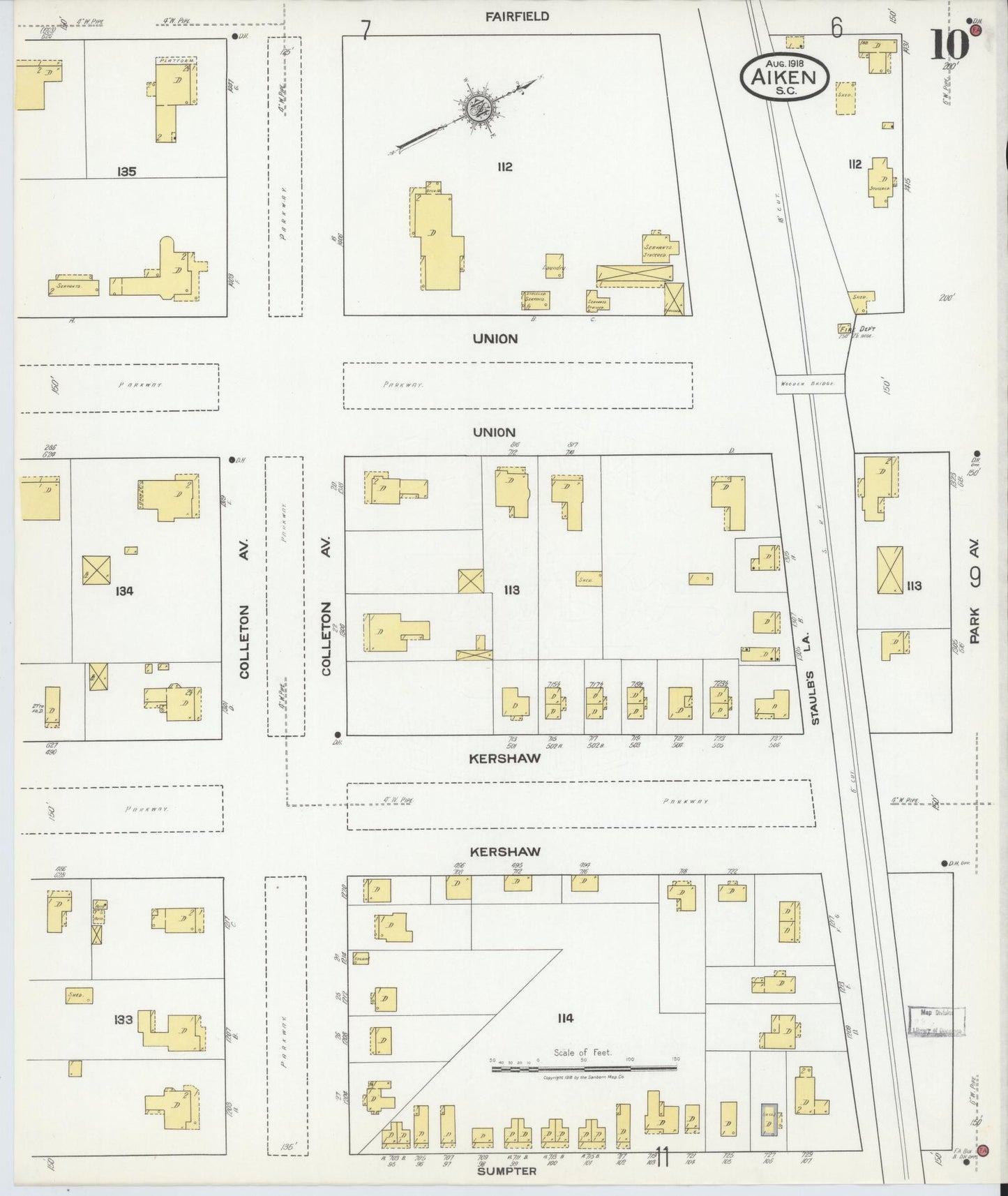Sanborn Fire Insurance Map from Aiken, Aiken County, South Carolina (1918), Sheet #0010 - Complete Map Set gallery image, historic Sanborn map, vintage wall art, South Carolina South Carolina