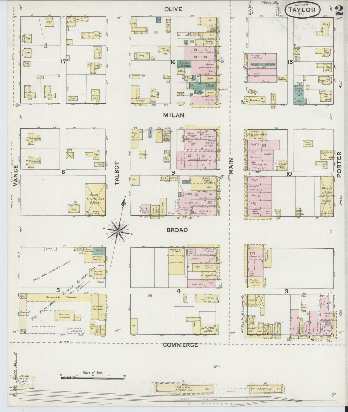 Sanborn Fire Insurance Map from Taylor, Williamson County, Texas (1889), Sheet #0002 - Complete Map Set gallery image, historic Sanborn map, vintage wall art, Texas Texas