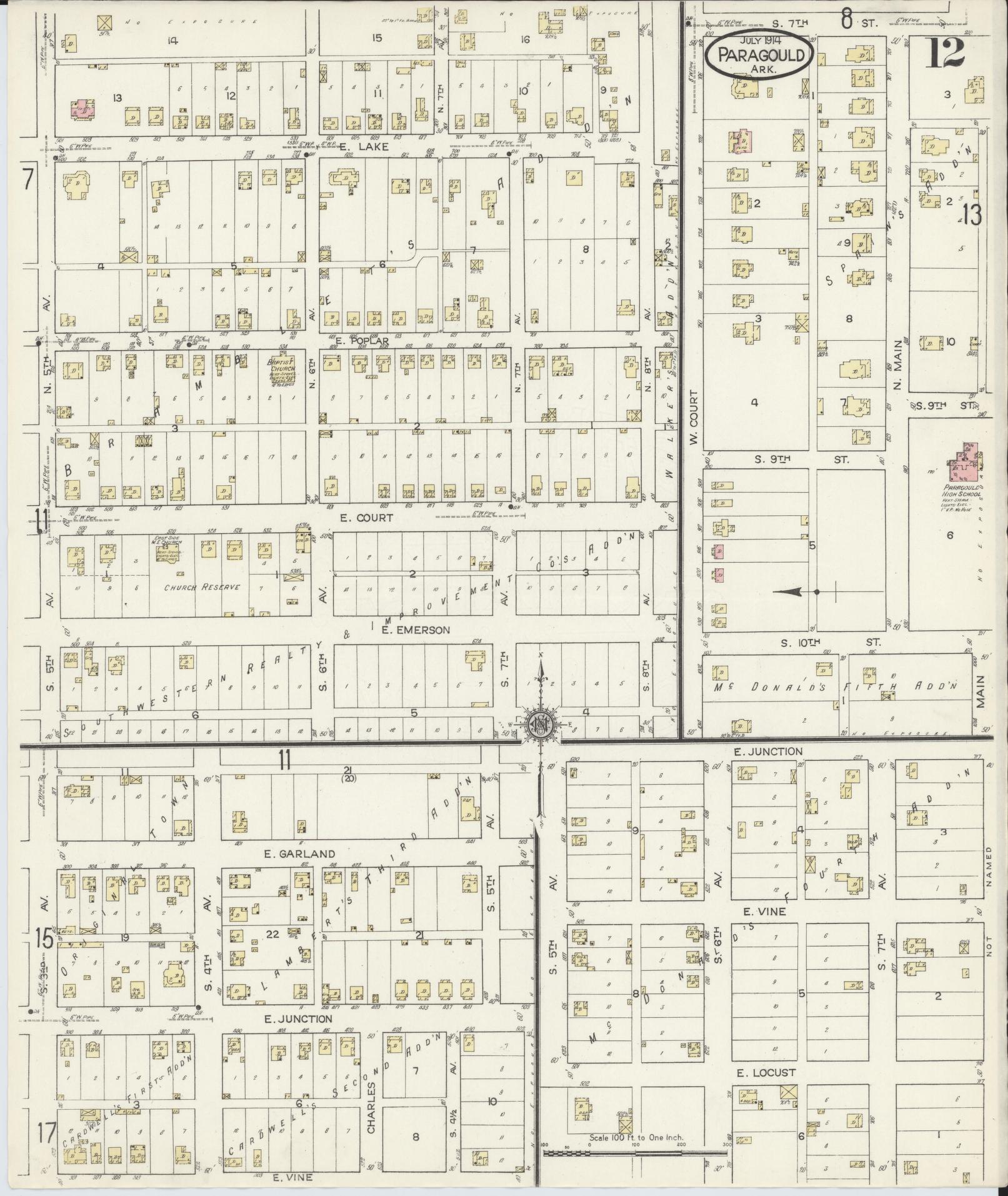 Sanborn Fire Insurance Map from Paragould, Greene County, Arkansas (1914), Sheet #0012 - Historic Sanborn Fire Insurance Map Print, vintage old map wall art, antique decor, genealogy gift, Arkansas Arkansas map