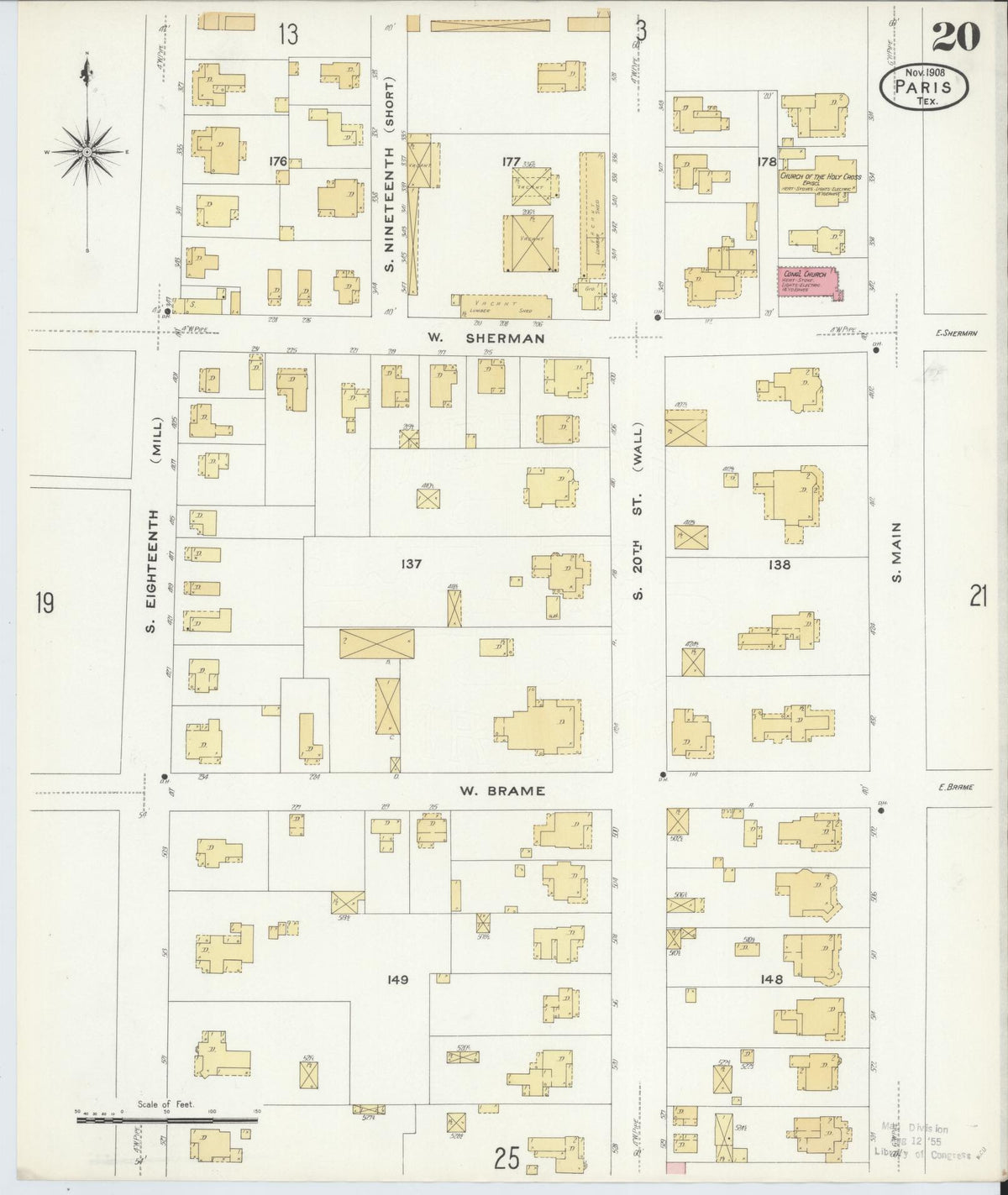 Sanborn Fire Insurance Map from Paris, Lamar County, Texas (1908), Sheet #0020 - Historic Sanborn Fire Insurance Map Print, vintage old map wall art, antique decor, genealogy gift, Texas Texas map