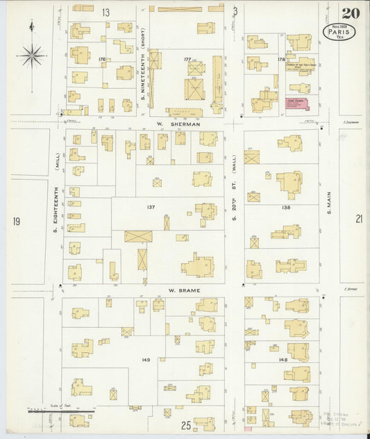 Sanborn Fire Insurance Map from Paris, Lamar County, Texas (1908), Sheet #0020 - Historic Sanborn Fire Insurance Map Print, vintage old map wall art, antique decor, genealogy gift, Texas Texas map