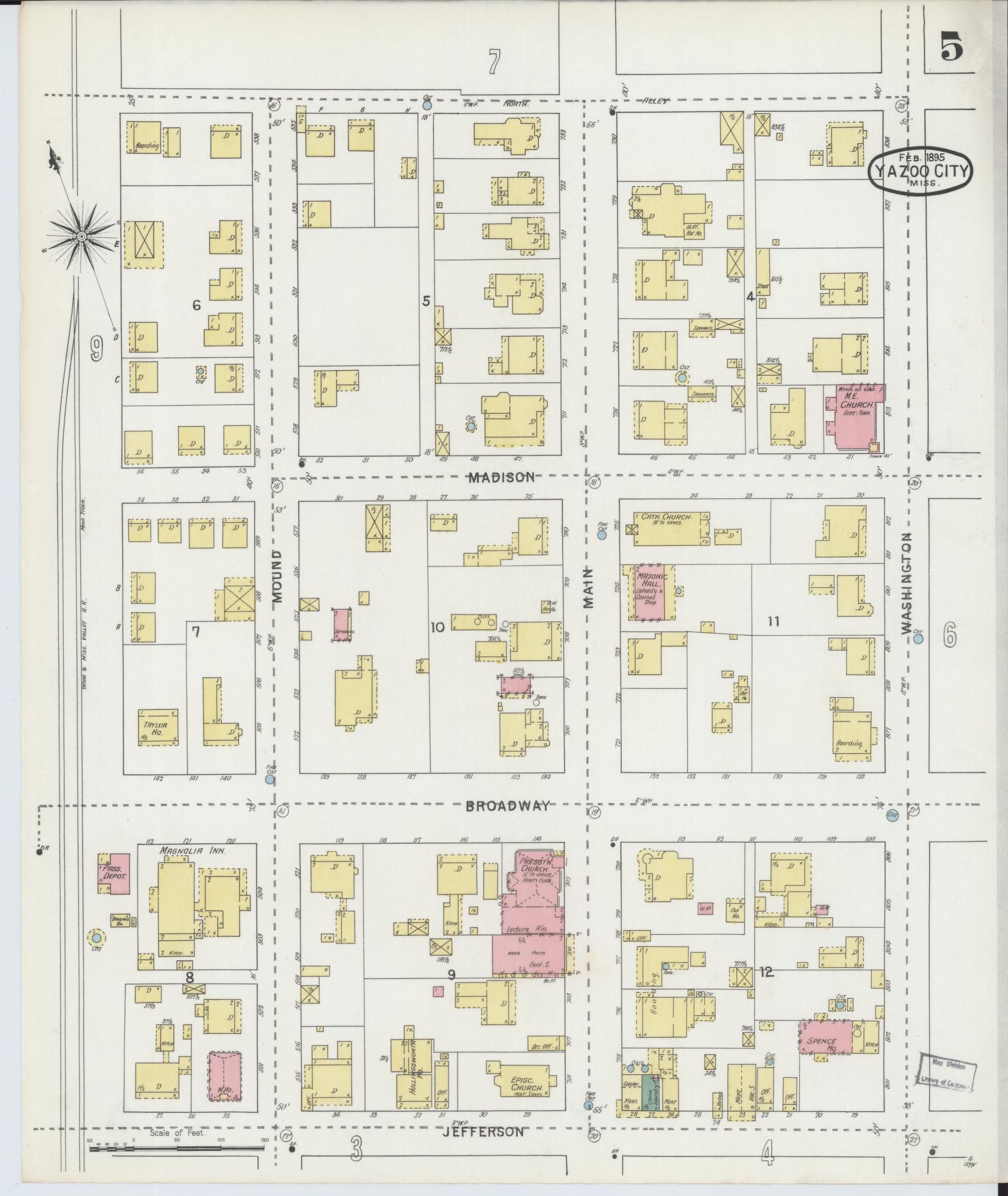 Sanborn Fire Insurance Map from Yazoo City, Yazoo County, Mississippi (1895), Sheet #0005 - Historic Sanborn Fire Insurance Map Print, vintage old map wall art, antique decor, genealogy gift, Mississippi Mississippi map