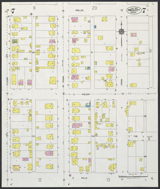 Sanborn Fire Insurance Map from Prescott, Yavapai County, Arizona (1924), Sheet #0007 - Historic Sanborn Fire Insurance Map Print, vintage old map wall art, antique decor, genealogy gift, Arizona Arizona map